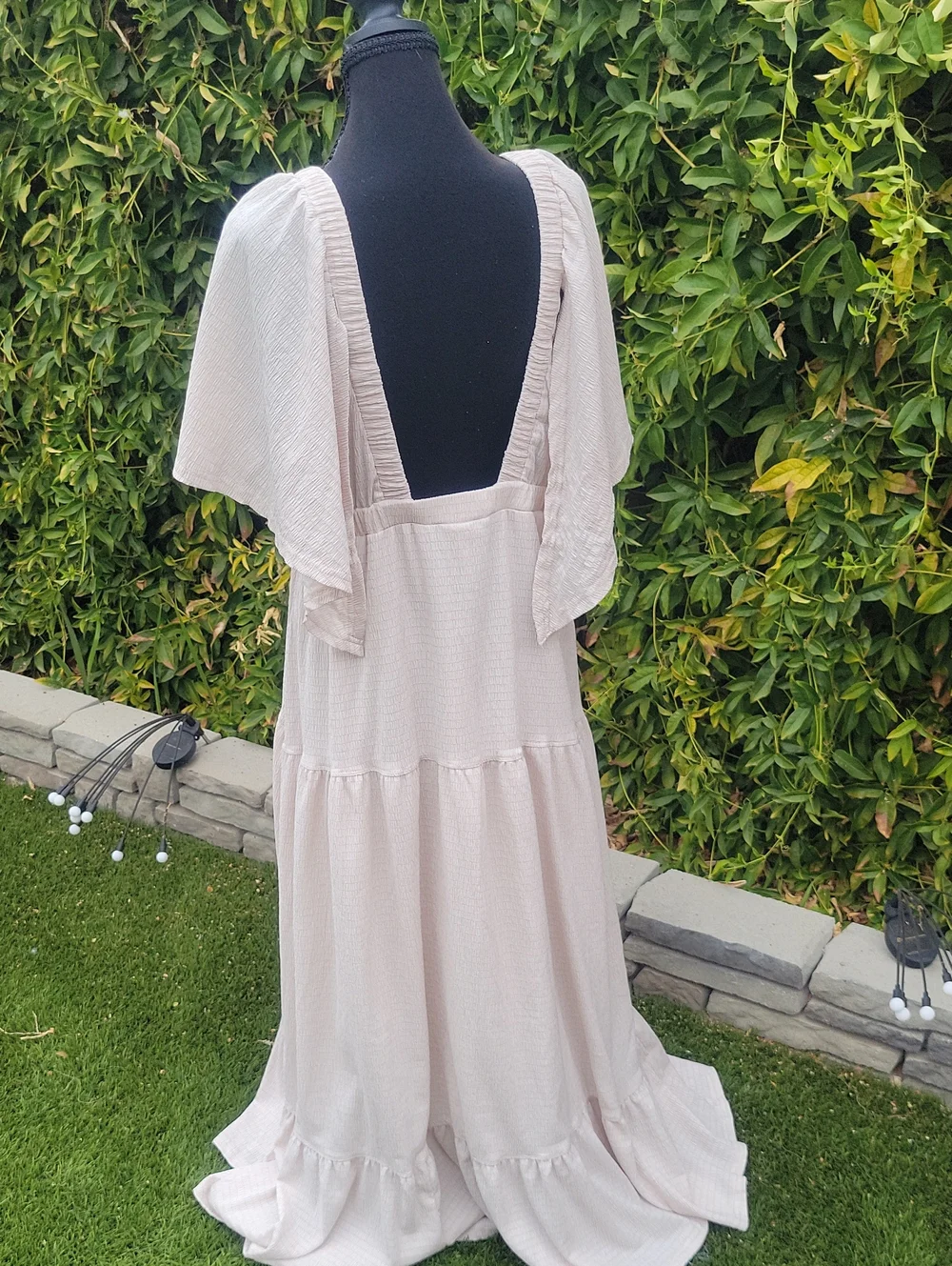 Boho Cream Deep V-Neck Open Back Tiered Maxi Dress XL